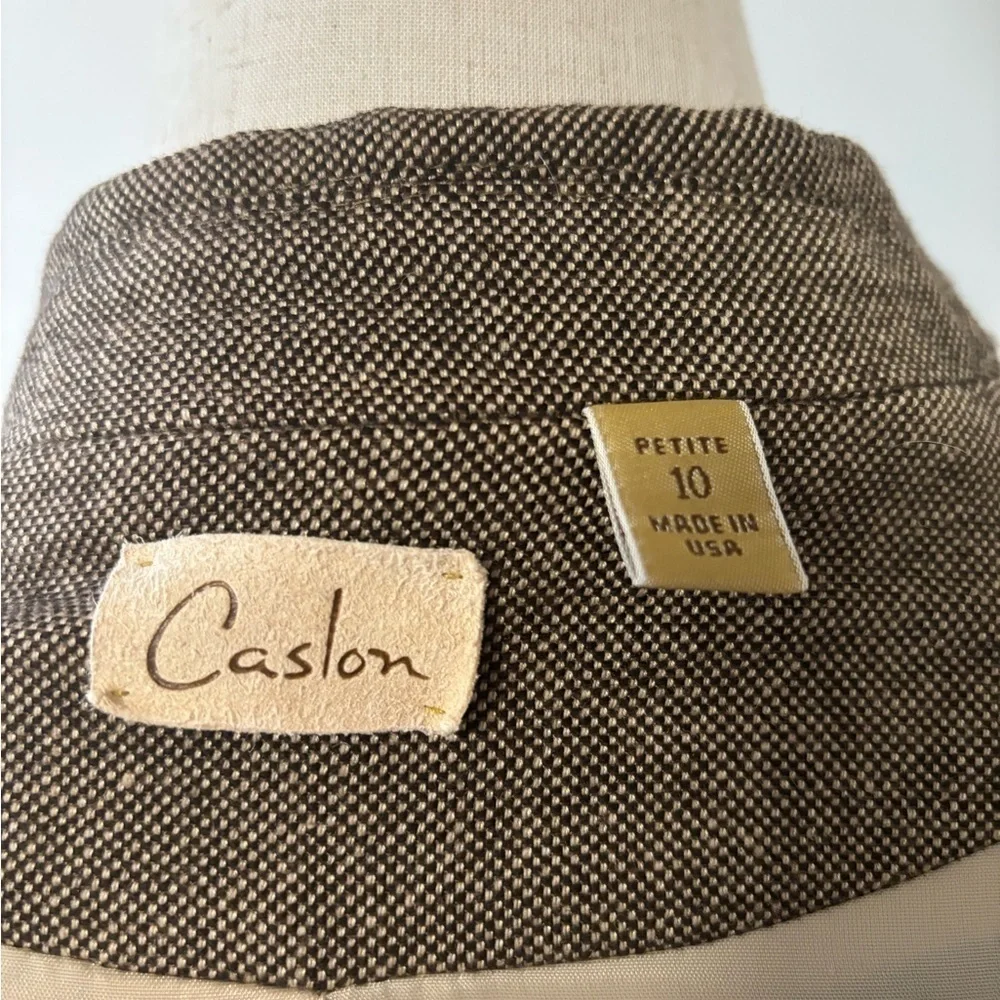 90s MINIMALIST TAN & BLACK WOVEN WOOL BLEND LINED CROPPED BLAZER CARLSON 10P - Picture 13 of 13
